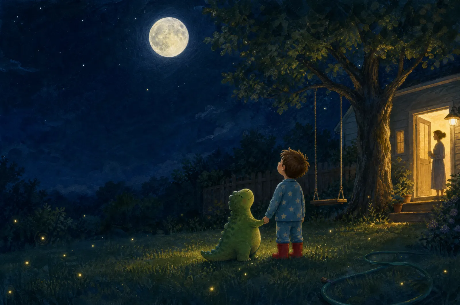A child and a little green dinosaur holding hands in the backyard under a big moon